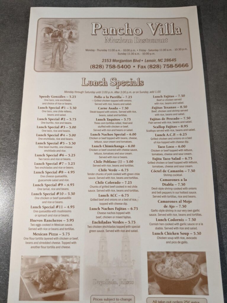 Pancho Villa Menu 1